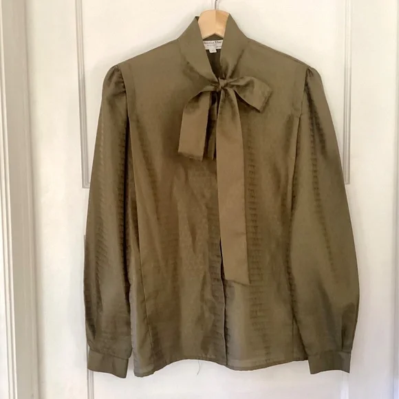 Christian Dior Vintage Olive Green Neck Bow tie Blouse size 6 Logo Old Money - Picture 2 of 16